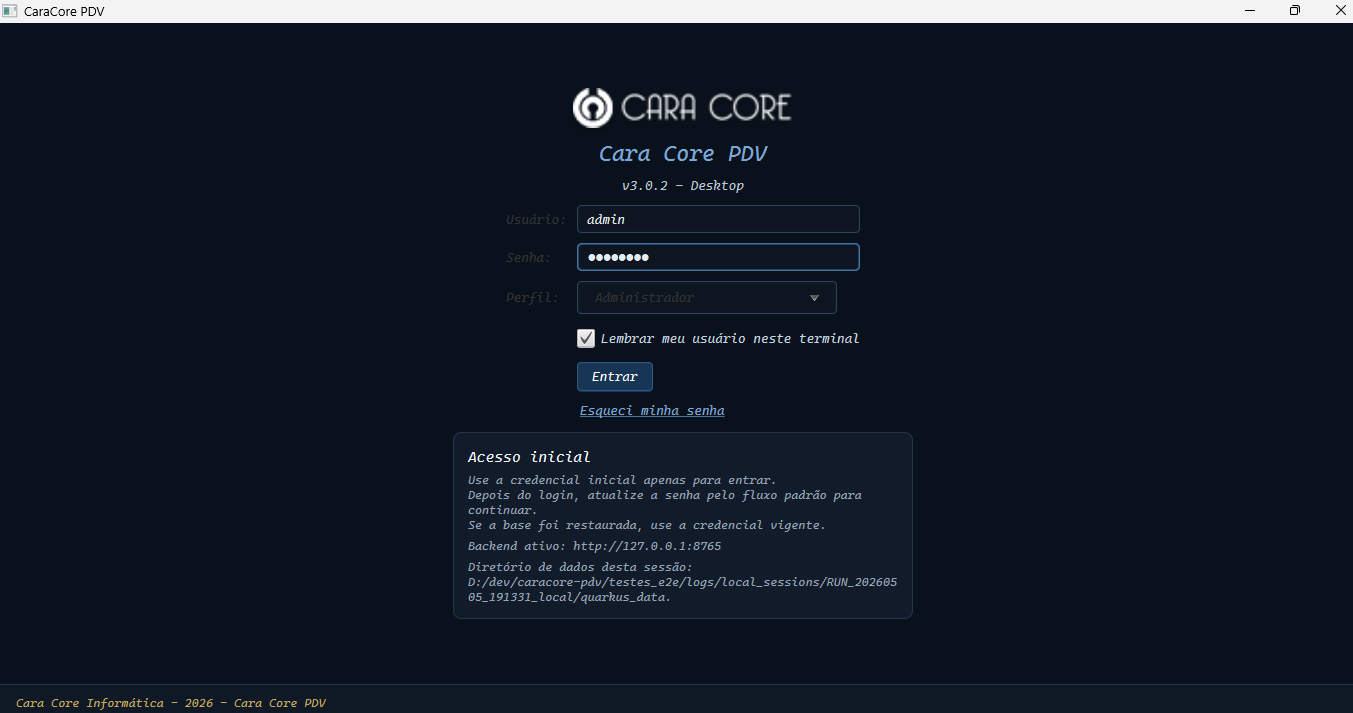 Tela de login do CaraCore-PDV