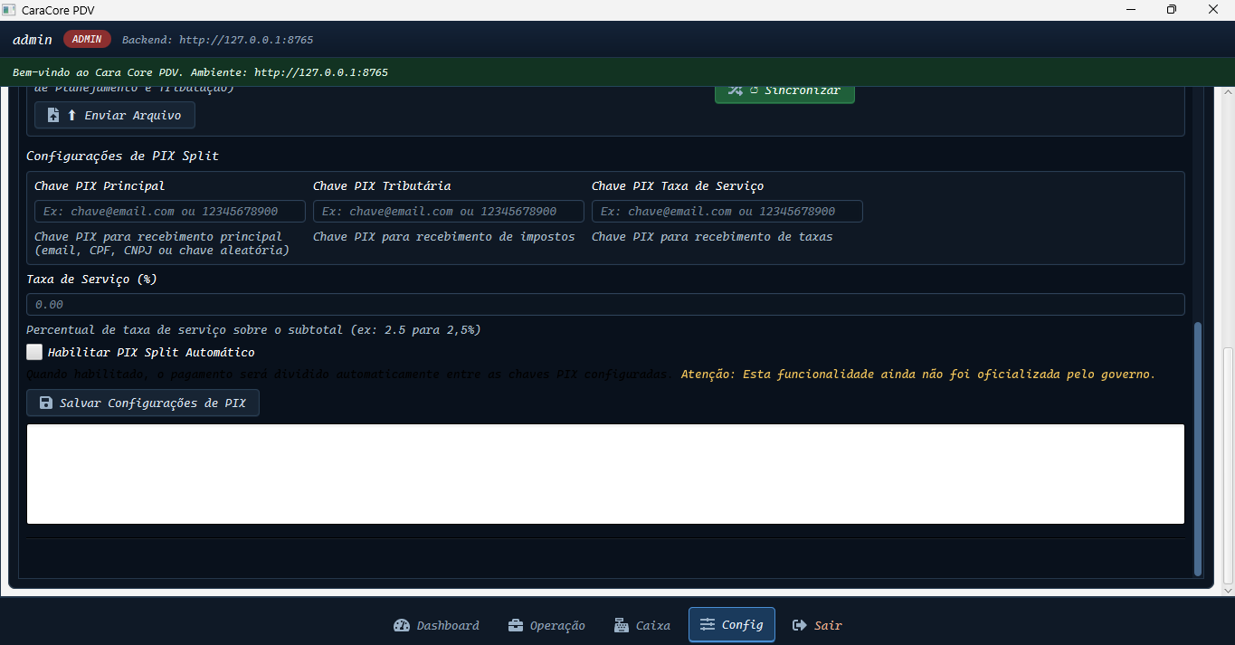 Configurações de PIX Split - Chaves PIX e Toggle de Ativação
